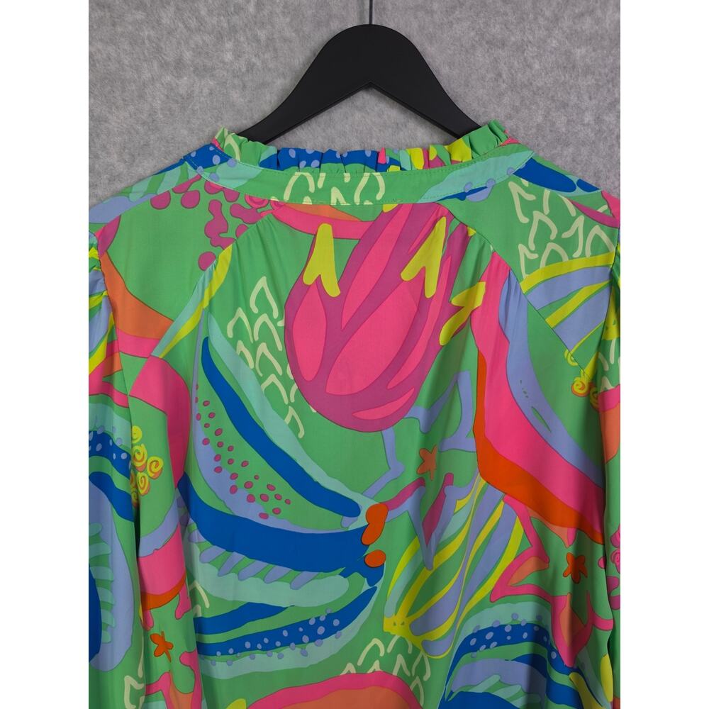 Michelle McDowell Colorful Floral Popover Puff Sleeve Top Sz L Green Office Bold - Picture 15 of 16